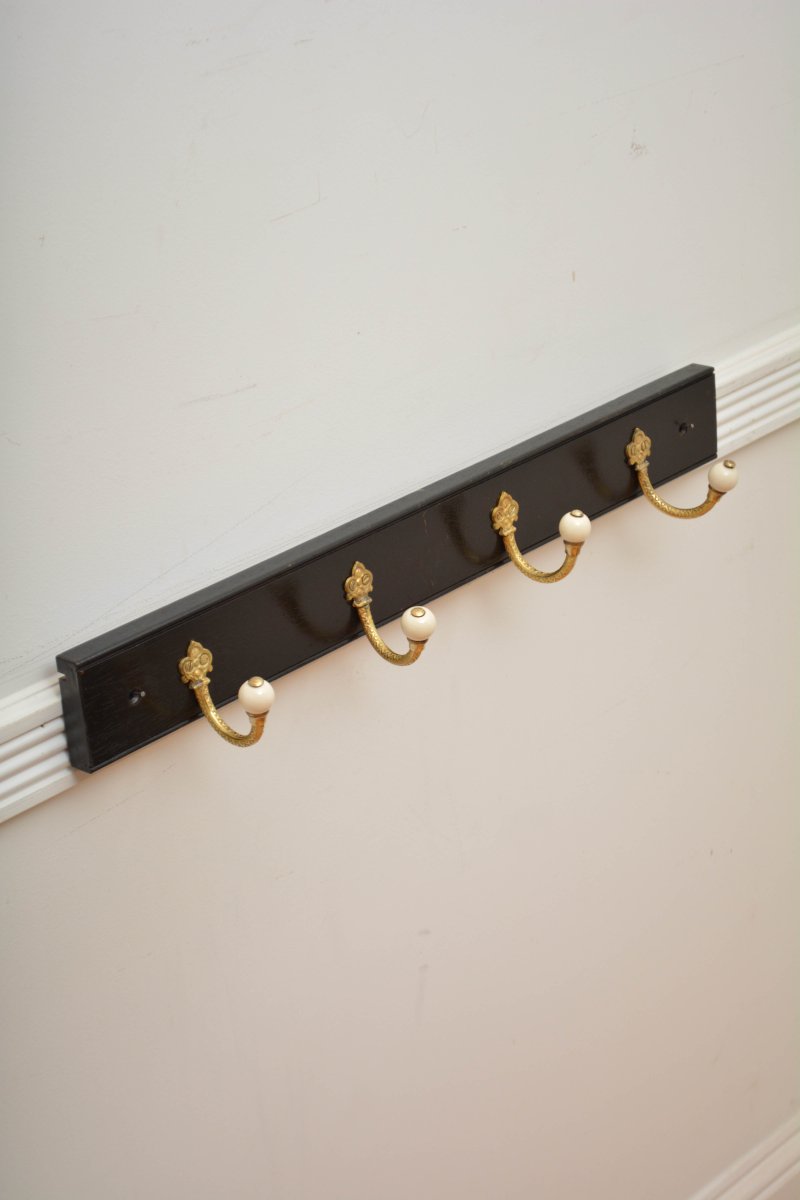 Pair Of Antique Victorian Ebonised Brass And Ceramic Coat Rack Coat Hooks - Image 2